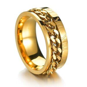 18K Gold Plated Stainless Steel Roman Numeral Spinning Cuban Link Ring, Unisex